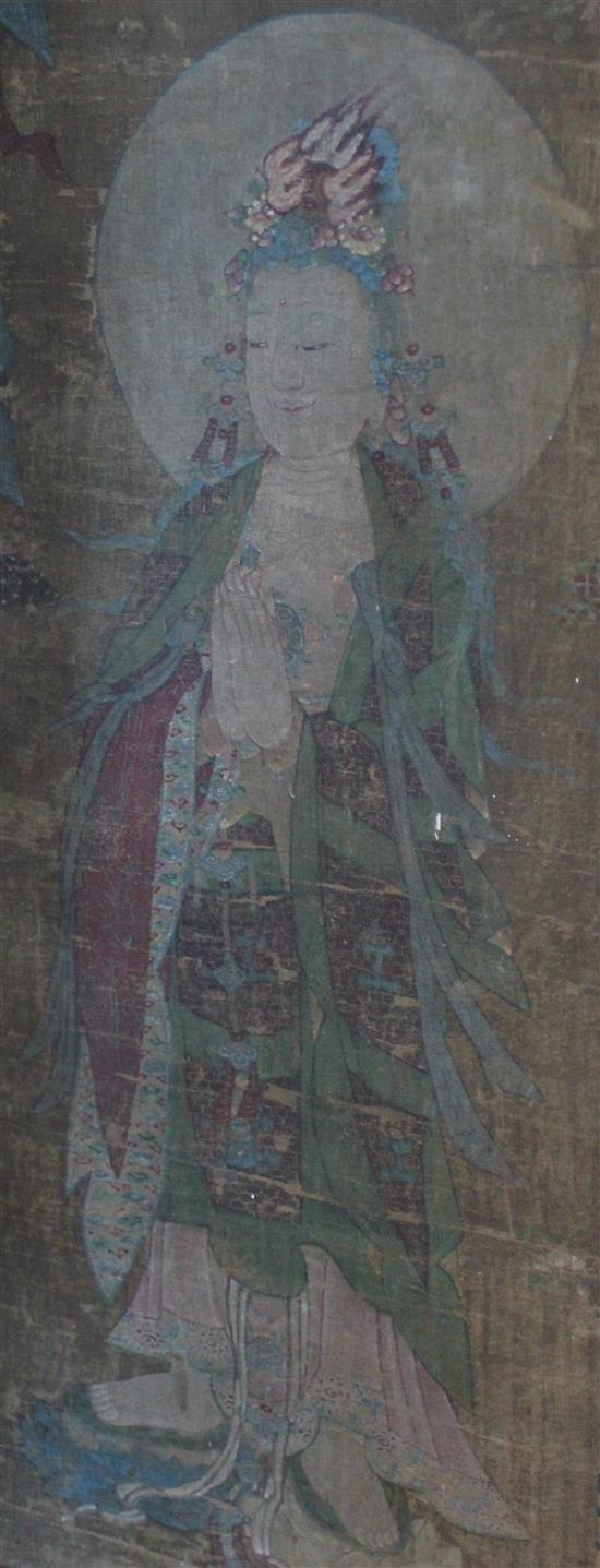 A Chinese ink and colour painting on silk of five Bodhisattvas, Tang / Five dynasties (851-950AD) or later, 145 x 75cm incl. borders